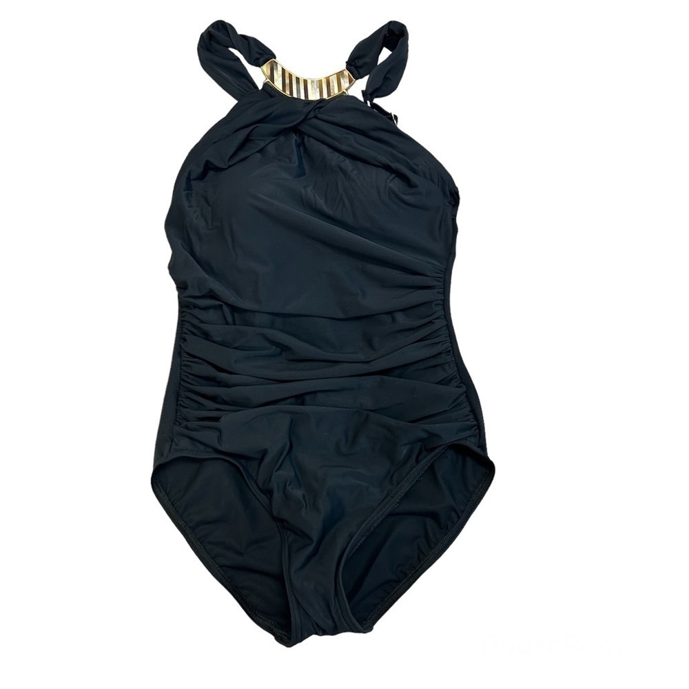 𝅺MIRACLESUIT black mother of pearl detail halter one piece swimsuit Sz 8
